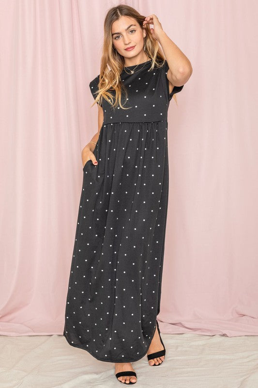 Polka Dot Folded Cap Sleeve Maxi Dress-Charmful Clothing Boutique