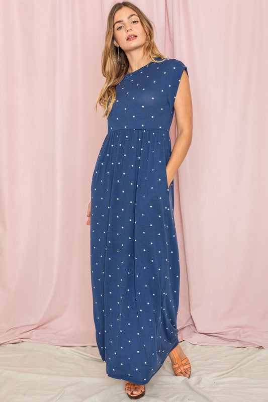 Polka Dot Folded Cap Sleeve Maxi Dress-Charmful Clothing Boutique