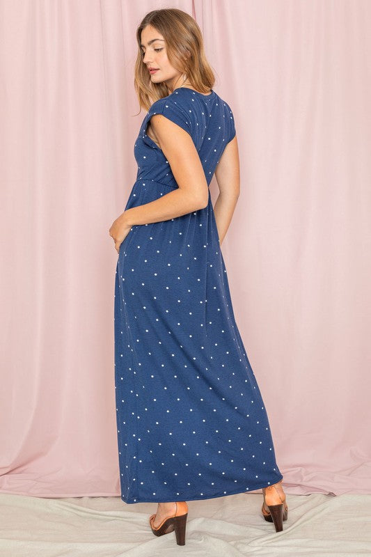 Polka Dot Folded Cap Sleeve Maxi Dress-Charmful Clothing Boutique