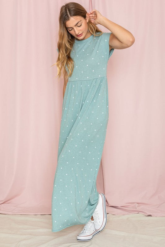 Polka Dot Folded Cap Sleeve Maxi Dress-Charmful Clothing Boutique