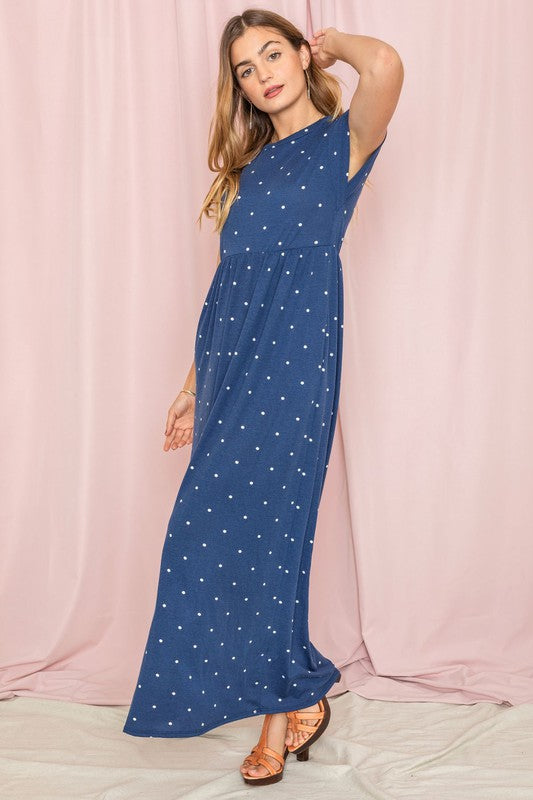 Polka Dot Folded Cap Sleeve Maxi Dress-Charmful Clothing Boutique