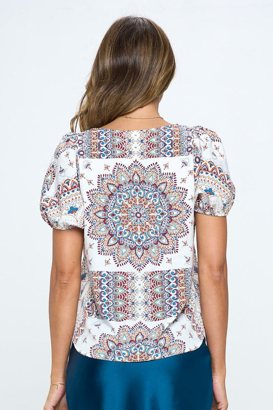 Paisley Print Round neck Top with Puff Sleeve-Charmful Clothing Boutique