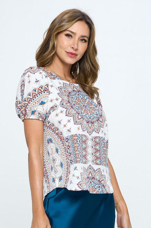 Paisley Print Round neck Top with Puff Sleeve-Charmful Clothing Boutique