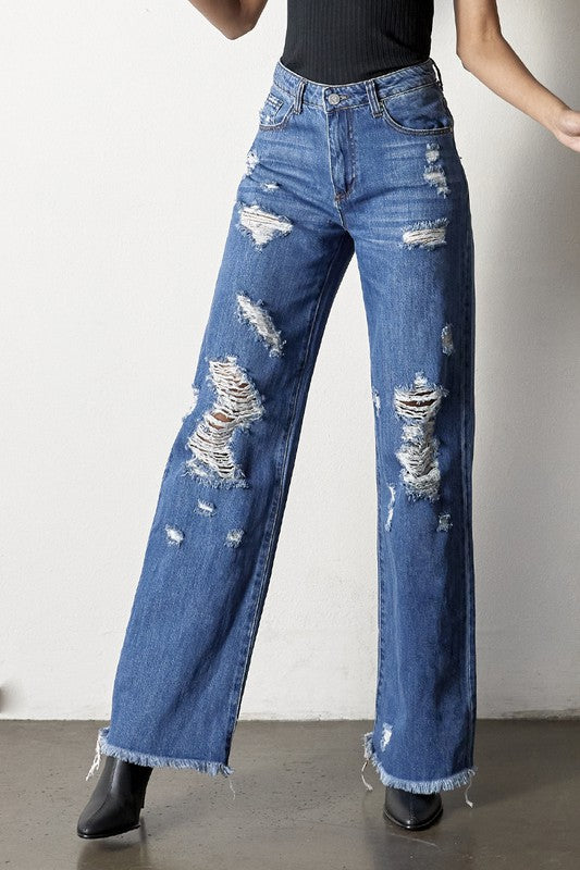Distressed Frayed Hem Dad Jeans-Charmful Clothing Boutique