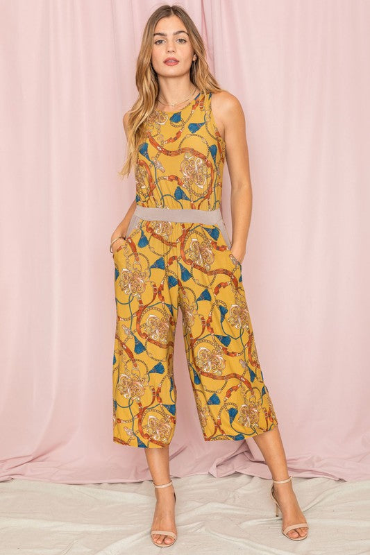 Blouson Chain Tassel Print  Cropped Jumpsuit-Charmful Clothing Boutique