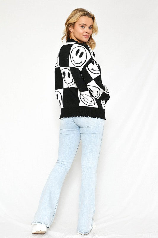 Checkered Smiley Sweater-Charmful Clothing Boutique