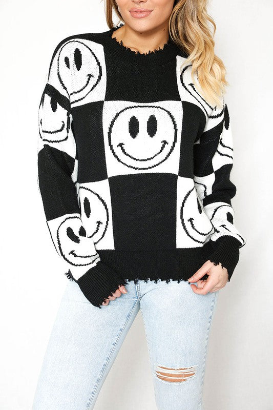 Checkered Smiley Sweater-Charmful Clothing Boutique