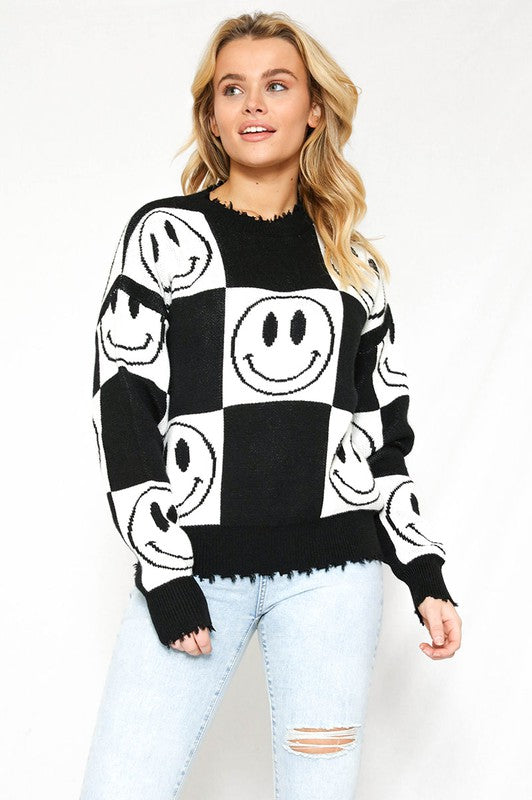 Checkered Smiley Sweater-Charmful Clothing Boutique