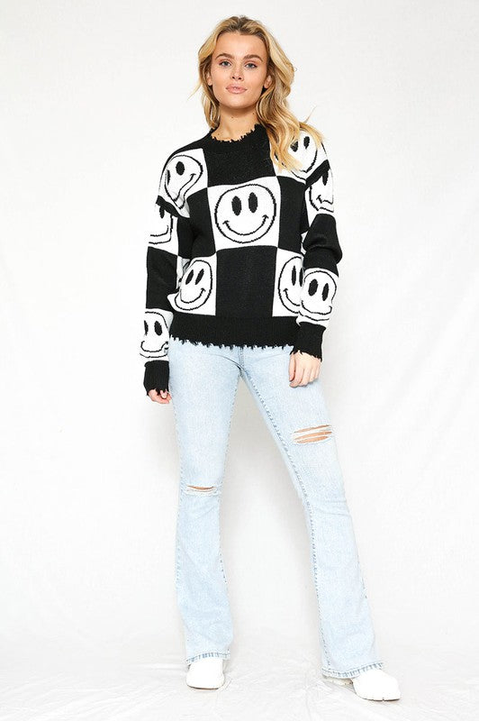 Checkered Smiley Sweater-Charmful Clothing Boutique