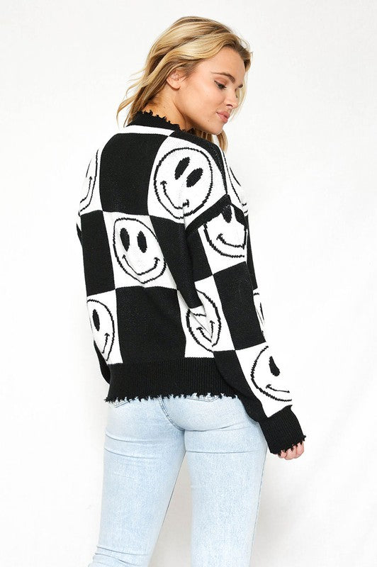 Checkered Smiley Sweater-Charmful Clothing Boutique