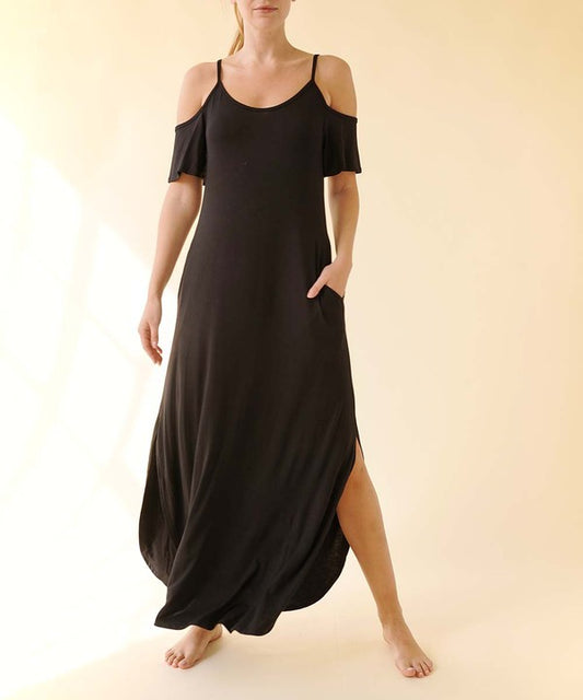 BAMBOO COLD SHOULDER MAXI DRESS-Charmful Clothing Boutique