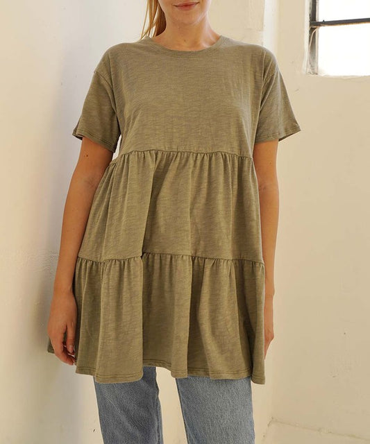 COTTON SLUB BABYDOLL SLV TUNIC DRESS-Charmful Clothing Boutique