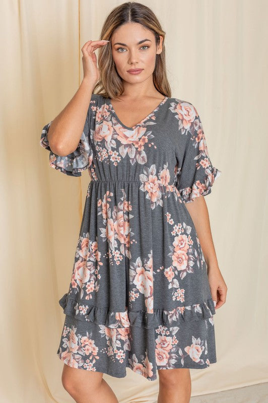 Floral V Neck Ruffle Dress-Charmful Clothing Boutique