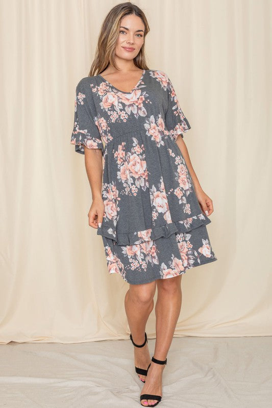 Floral V Neck Ruffle Dress-Charmful Clothing Boutique