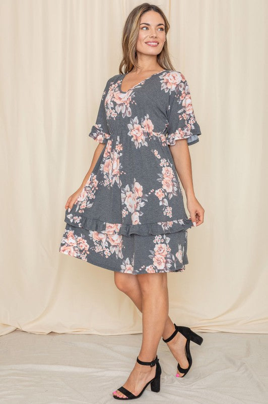 Floral V Neck Ruffle Dress-Charmful Clothing Boutique