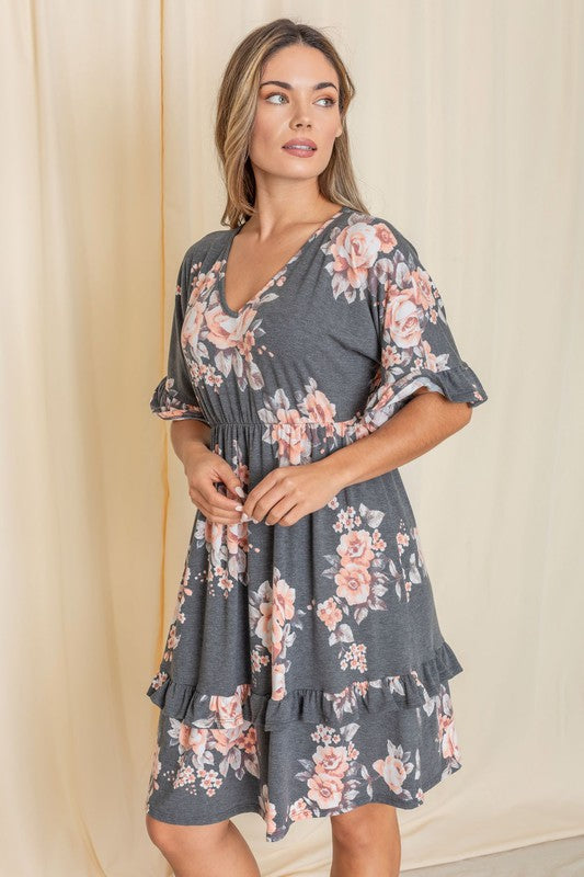 Floral V Neck Ruffle Dress-Charmful Clothing Boutique