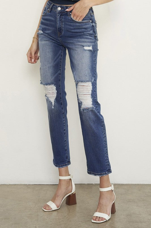 Dark Wash Distressed Boyfriend Jeans-Charmful Clothing Boutique