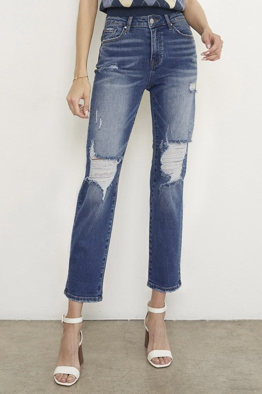 Dark Wash Distressed Boyfriend Jeans-Charmful Clothing Boutique