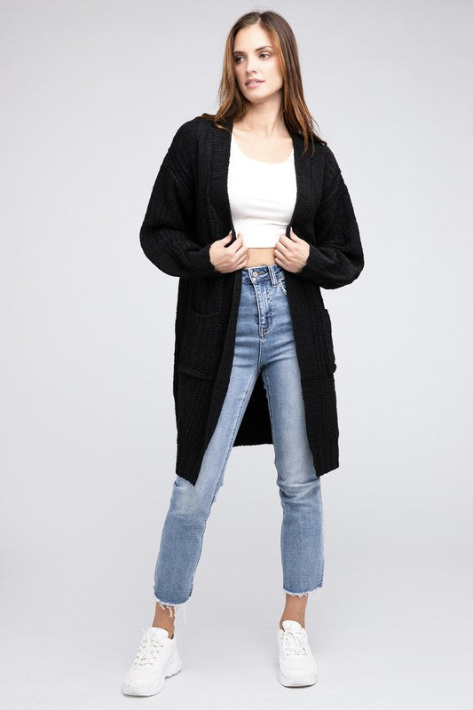 Twist Knitted Open Front Cardigan With Pockets-Charmful Clothing Boutique