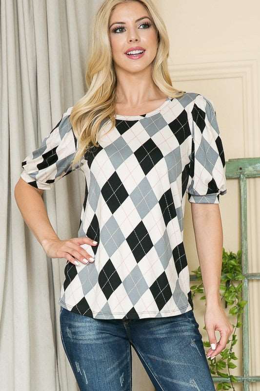 Argyle Print Puff Sleeve Knit Jersey Top-Charmful Clothing Boutique