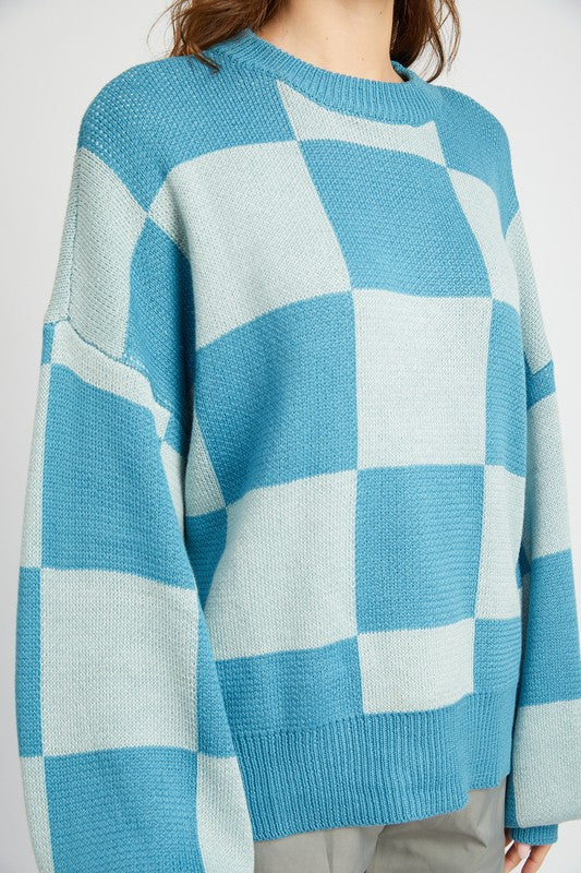 CHECKERED SWEATER WITH BUBBLE SLEEVES-Charmful Clothing Boutique