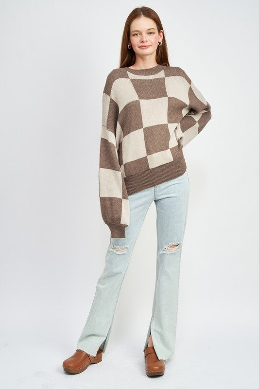 CHECKERED SWEATER WITH BUBBLE SLEEVES-Charmful Clothing Boutique