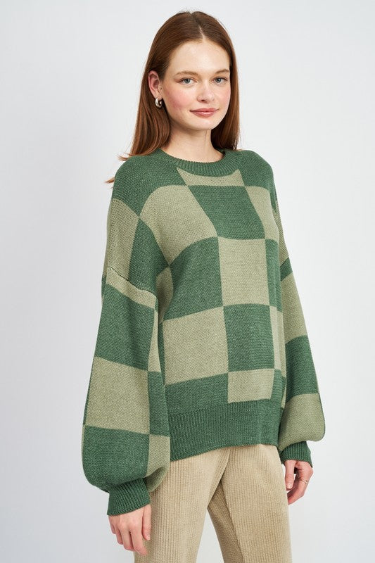 CHECKERED SWEATER WITH BUBBLE SLEEVES-Charmful Clothing Boutique