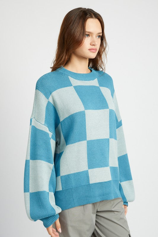 CHECKERED SWEATER WITH BUBBLE SLEEVES-Charmful Clothing Boutique