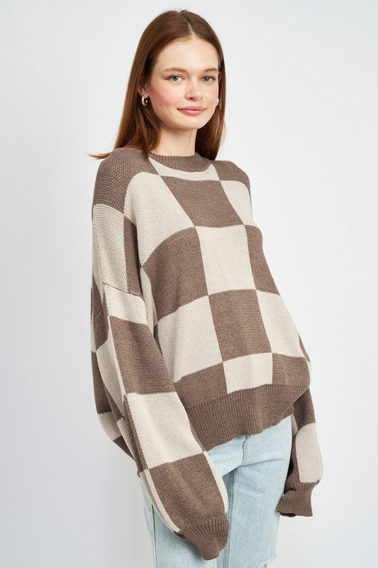 CHECKERED SWEATER WITH BUBBLE SLEEVES-Charmful Clothing Boutique