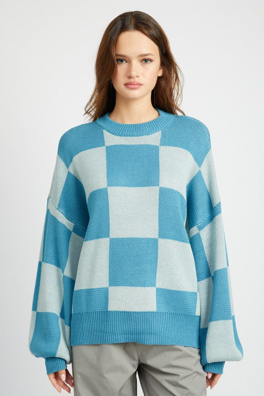 CHECKERED SWEATER WITH BUBBLE SLEEVES-Charmful Clothing Boutique