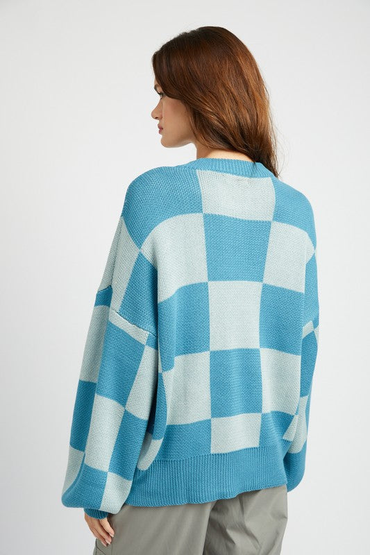 CHECKERED SWEATER WITH BUBBLE SLEEVES-Charmful Clothing Boutique