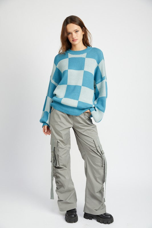 CHECKERED SWEATER WITH BUBBLE SLEEVES-Charmful Clothing Boutique