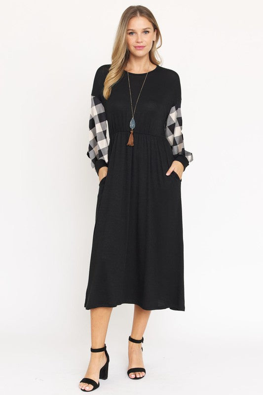 Knit Bishop Sleeve Tea Length Dress-Charmful Clothing Boutique