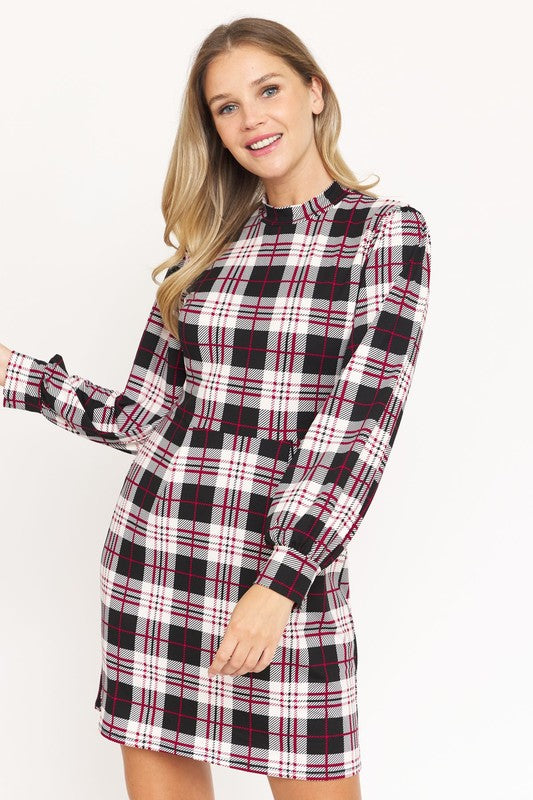 High Neck Plaid Sheath Dress-Charmful Clothing Boutique