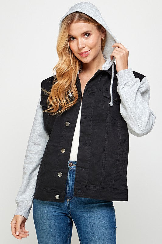 Women's Denim  Jacket with Fleece Hoodies-Charmful Clothing Boutique