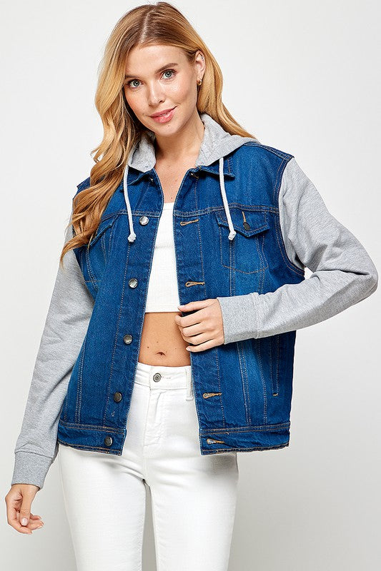 Women's Denim  Jacket with Fleece Hoodies-Charmful Clothing Boutique