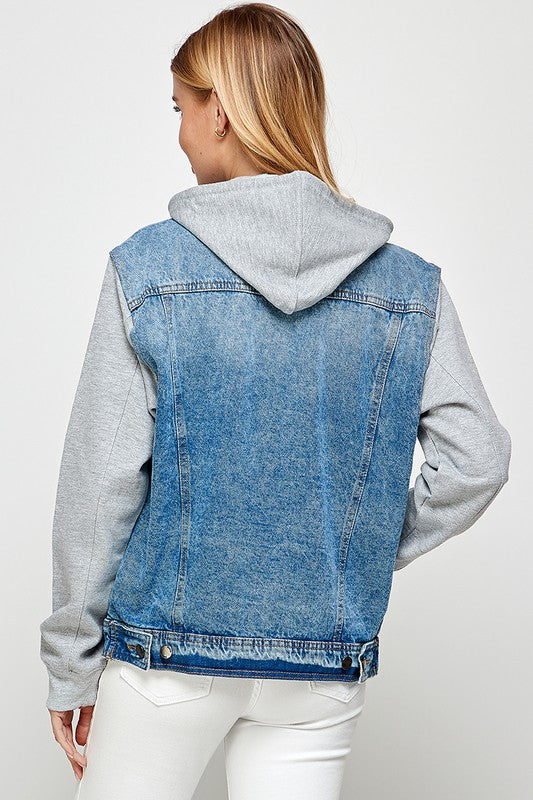 Women's Denim  Jacket with Fleece Hoodies-Charmful Clothing Boutique