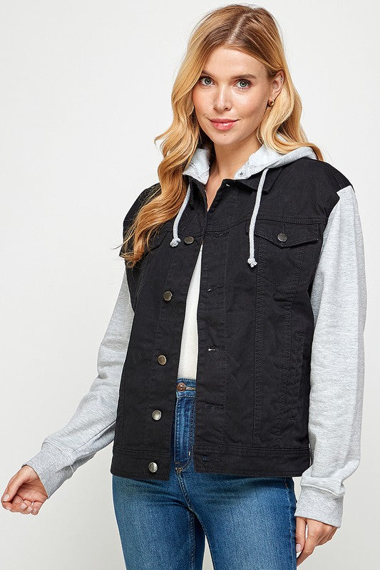 Women's Denim  Jacket with Fleece Hoodies-Charmful Clothing Boutique