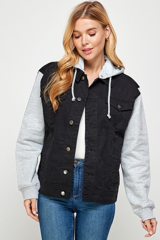 Women's Denim  Jacket with Fleece Hoodies-Charmful Clothing Boutique