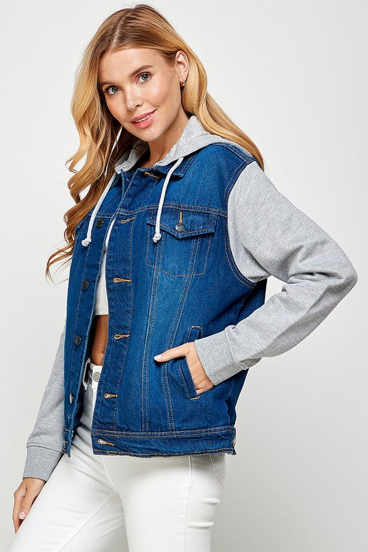 Women's Denim  Jacket with Fleece Hoodies-Charmful Clothing Boutique