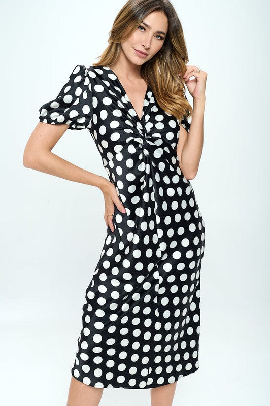 Stretch Satin Polka Dot Print Midi Dress-Charmful Clothing Boutique