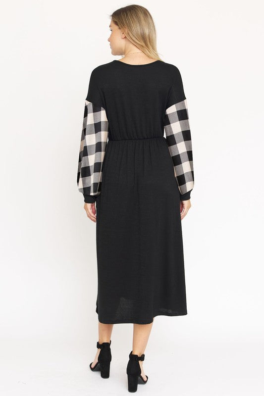 Knit Bishop Sleeve Tea Length Dress-Charmful Clothing Boutique