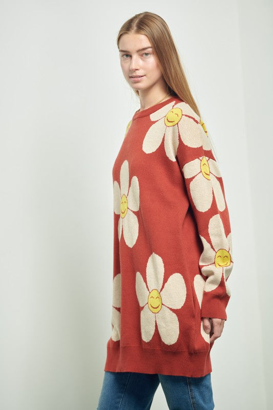 HAPPY FACE FLORAL PRINT KNIT SWETAER-Charmful Clothing Boutique