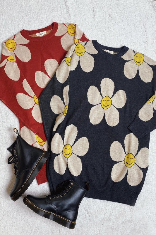 HAPPY FACE FLORAL PRINT KNIT SWETAER-Charmful Clothing Boutique