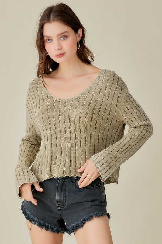 V-Neck Washed Crop Sweater-Charmful Clothing Boutique