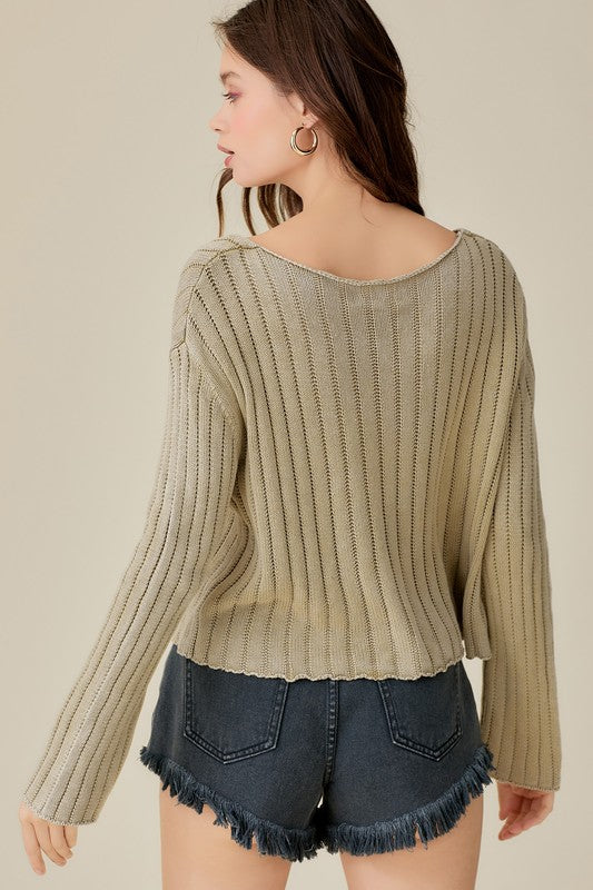 V-Neck Washed Crop Sweater-Charmful Clothing Boutique