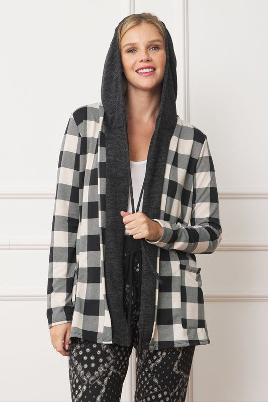 Buffalo Plaid Hooded Cardigan-Charmful Clothing Boutique