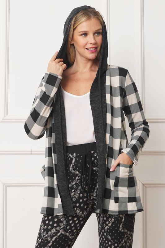 Buffalo Plaid Hooded Cardigan-Charmful Clothing Boutique