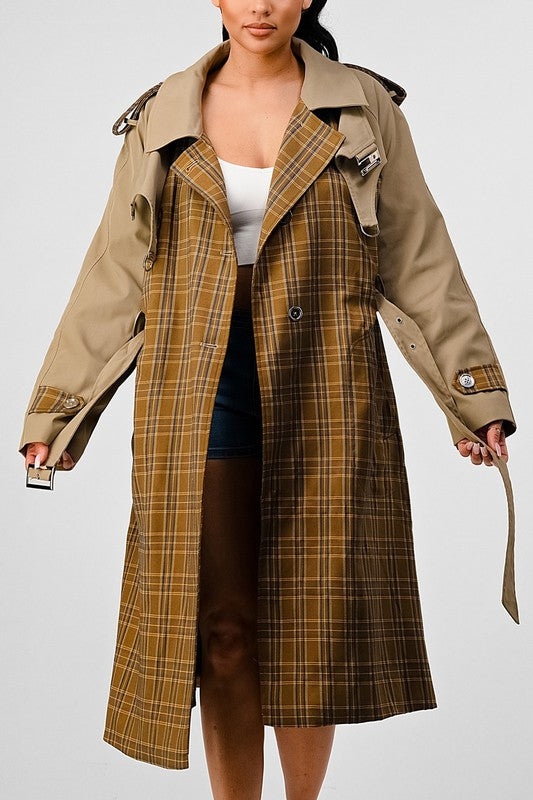 ATHINA PLAID AND KHAKI CONTRAST TRENCH COAT-Charmful Clothing Boutique