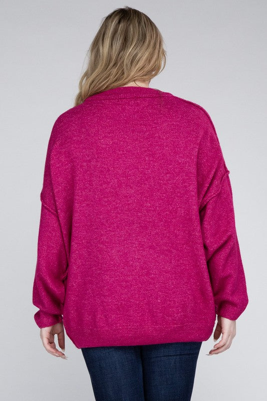 Plus Oversized Round Neck Raw Seam Melange Sweater-Charmful Clothing Boutique